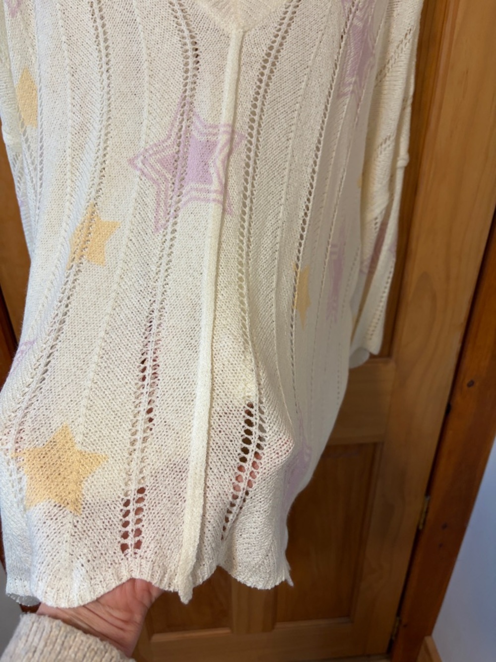 POL Cream Open-Knit V-Neck Sweater with Pastel Stars - Picture 7 of 16